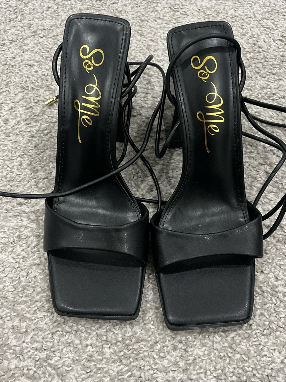 So Me Black Square-Toe Lace-Up Heeled Sandals